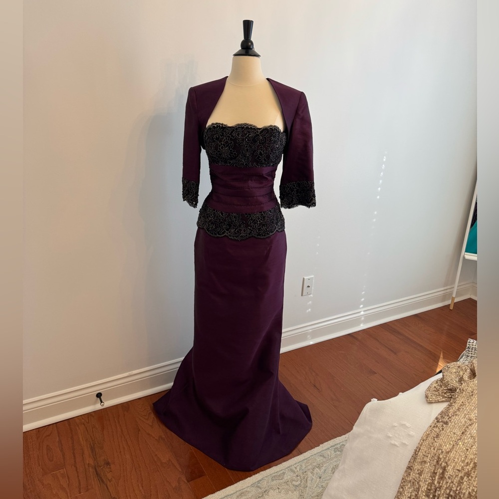 Terani Couture Purple Strapless Gown with beaded Black Lace